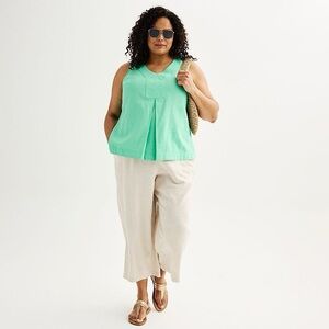 Croft & Barrow Plus Size 3X Green Linen Tank Top V-Neck Sleeveless Blouse